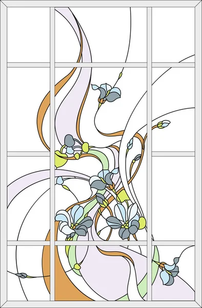 Panou vitraliu într-un cadru dreptunghiular, un aranjament floral din muguri și frunze în stil art Nouveau — Vector de stoc
