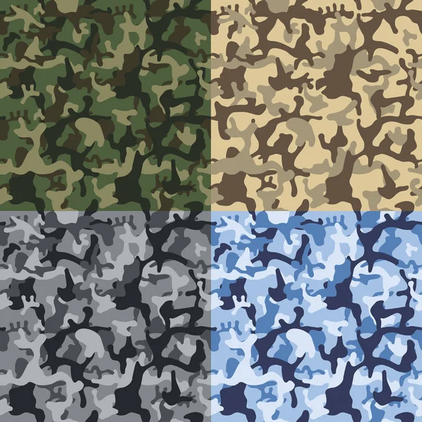 Camouflage seamless texture pattern set. Green, blue, sand, gray camouflages. Vector fabric textile print designs. — Stock Vector