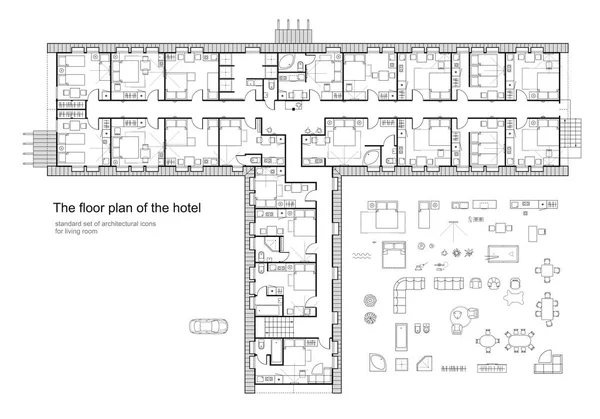 Kullanılan mimari planları, otel planlama simge seti, grafiksel tasarım elemanları standart otel mobilya simgeler kümesi. Küçük oturma odası - üstten görünüm planları. İzole vektör.