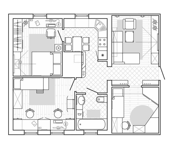 Black and White architectural plan of a house. Layout of the apartment with the furniture in the drawing view. With kitchen and bathroom, living room and bedroom. Graphic design elements. Vector