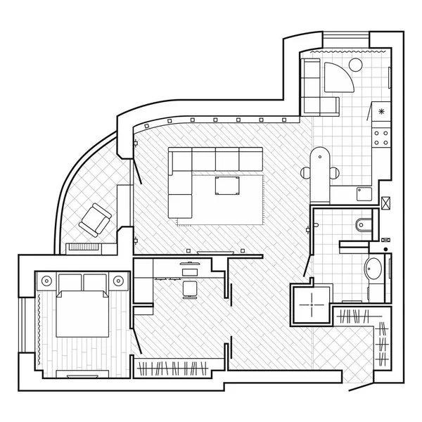 Черно-белый архитектурный план дома. Планировка квартиры с мебелью в виде чертежа. С кухней и ванной, гостиной и спальней. Графические элементы дизайна. Вектор — стоковый вектор