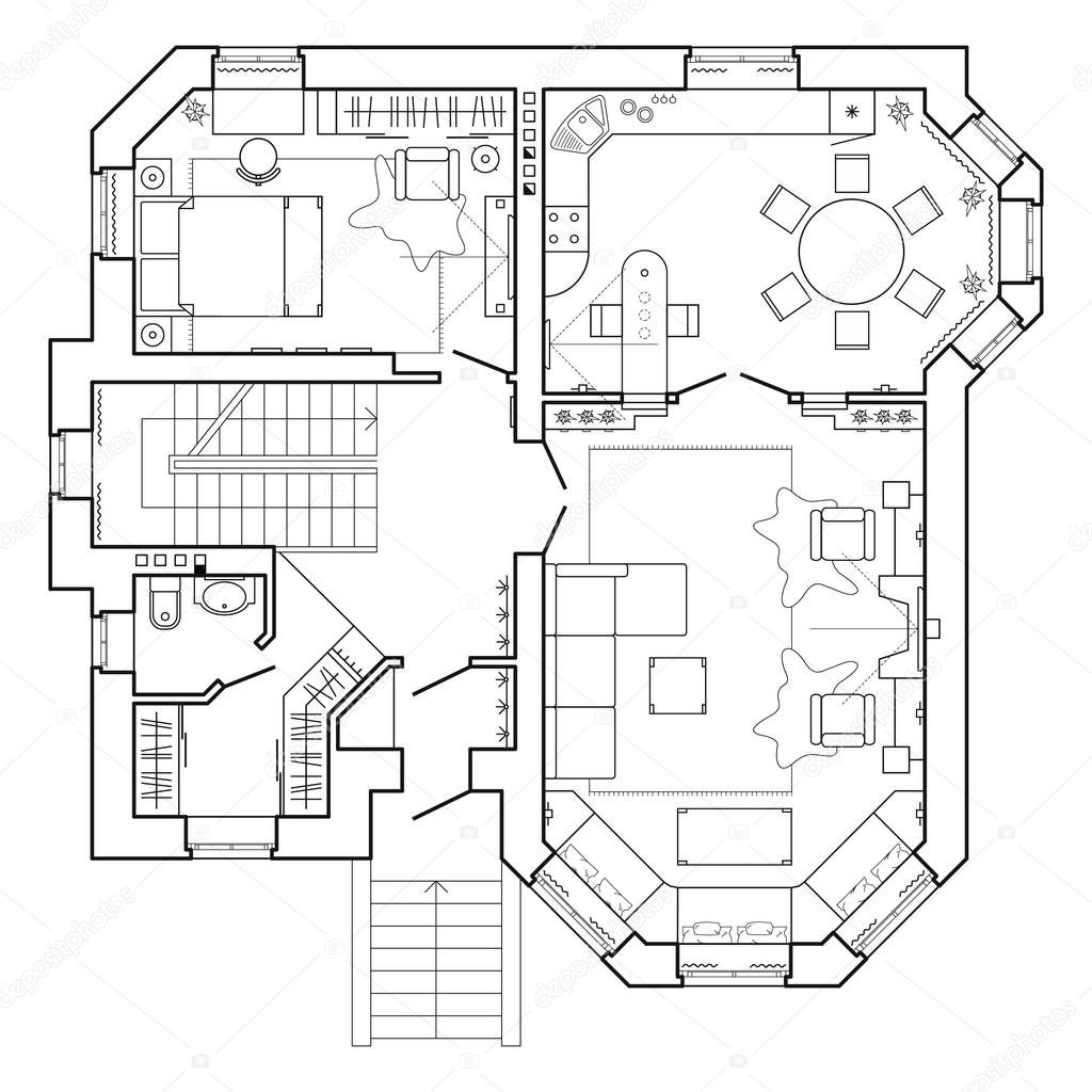 Black and White architectural plan of a house. Layout of the apartment with the furniture in the drawing view. With kitchen and toilet, living room and bedroom. Vector isolated.