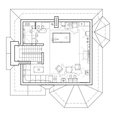Siyah ve beyaz bir evin mimari planı. Düzen çizim görünümünde mobilyalarla dairenin. Mutfak ve banyo, oturma odası ve yatak odası ile.