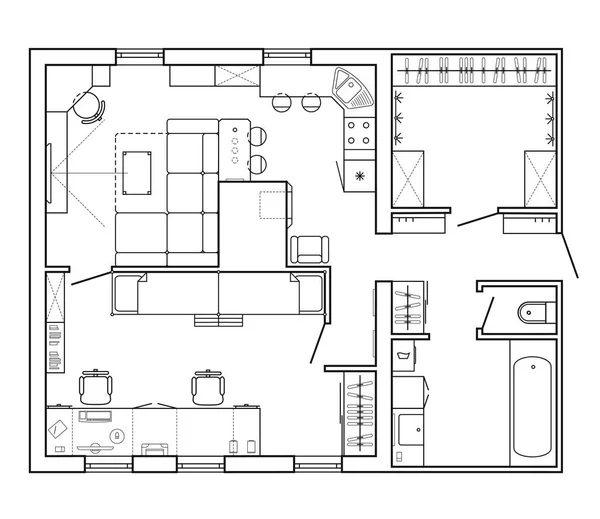 Plano arquitetônico preto e branco de uma casa. Layout do apartamento com a mobília na vista de desenho. Com cozinha e casa de banho, sala e quarto . — Vetor de Stock