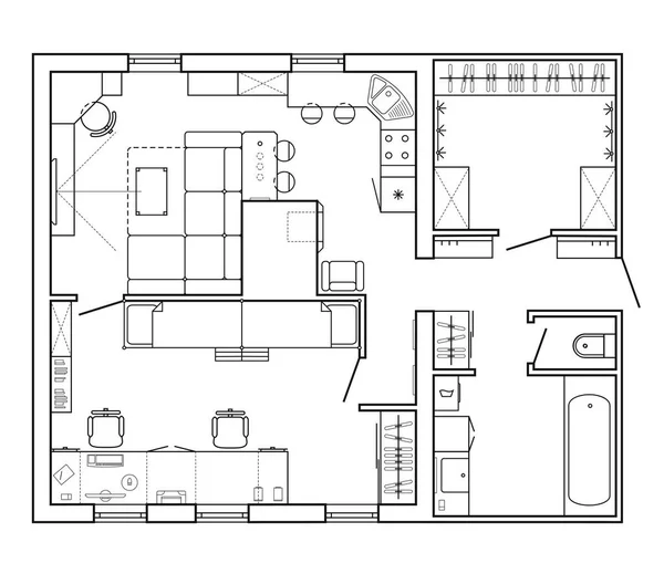 Чорно-білий архітектурний план будинку. Плануванням квартири з меблями у вікні креслення. З кухні і ванної кімнати, вітальні та спальні. — стоковий вектор