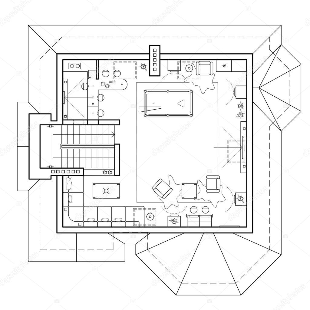 Black and White architectural plan of a house. Layout of the apartment with the furniture in the drawing view. With kitchen and bathroom, living room and bedroom.