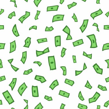 Çok sayıda uçan para duvar kağıdı dolar, yeşil arka plan düşen para, yağmur desen, sorunsuz doku, vektör çizim