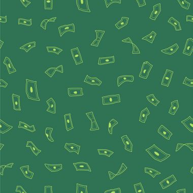 Çok sayıda uçan para duvar kağıdı dolar, yeşil arka plan düşen para, yağmur desen, sorunsuz doku, vektör çizim