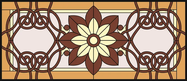 Glasfenster in einem rechteckigen Rahmen. Blumenarrangements und Ornamente in Vektorgrafik, mit abstrakten Wirbeln und Blättern, horizontale Ausrichtung / farbenfrohe florale symmetrische Komposition. — Stockvektor