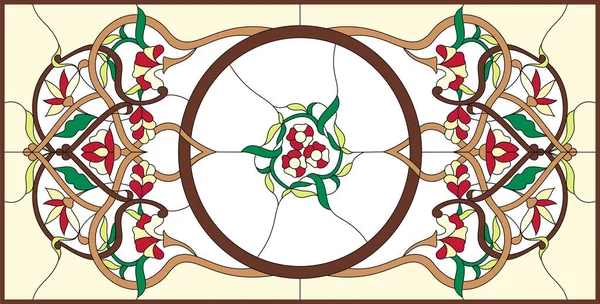 Vitrail dans un cadre rectangulaire. Agencements floraux et ornements en motifs vectoriels, avec tourbillons et feuilles abstraits, orientation horizontale / composition florale symétrique colorée . — Image vectorielle