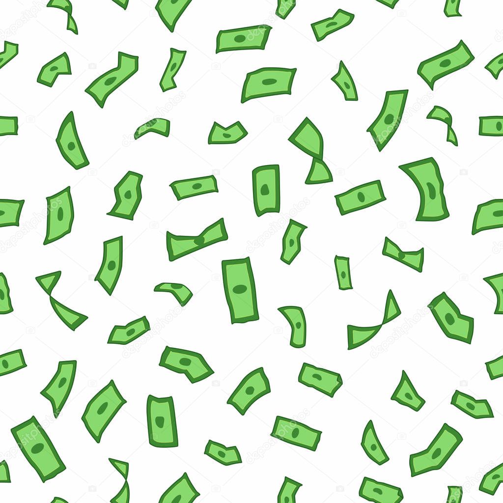 Lots of flying money Wallpaper dollars, green background of falling money, rain pattern,  seamless texture, vector illustration