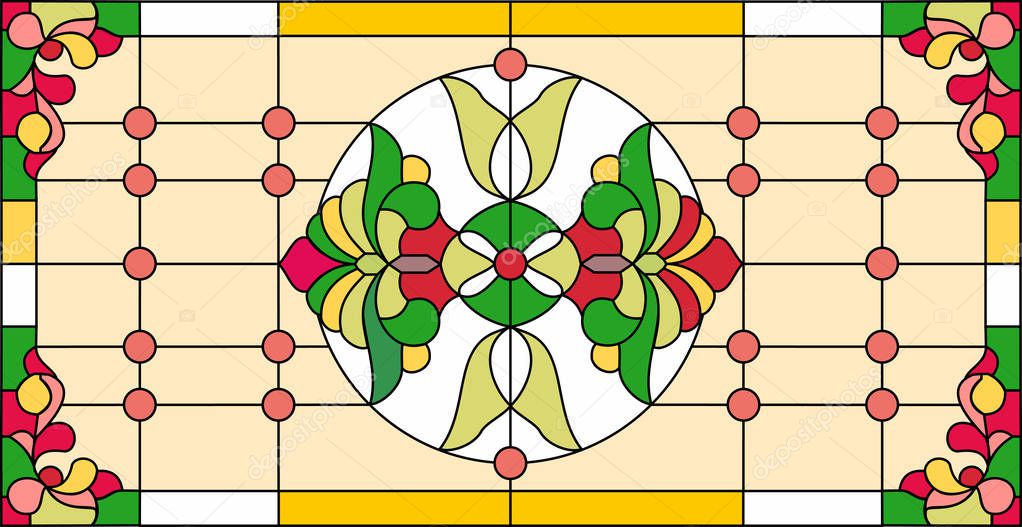 Abstract  geometric floral pattern in a rectangular frame / Colorful stained glass window in classic style style, Tiffany technique. Vector