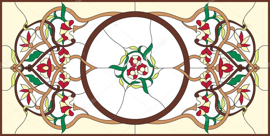  Stained glass window in a rectangular frame. Flower arrangements and ornaments in vector graphics, with abstract swirls and leaves, horizontal orientation / colorfull floral symmetric composition.