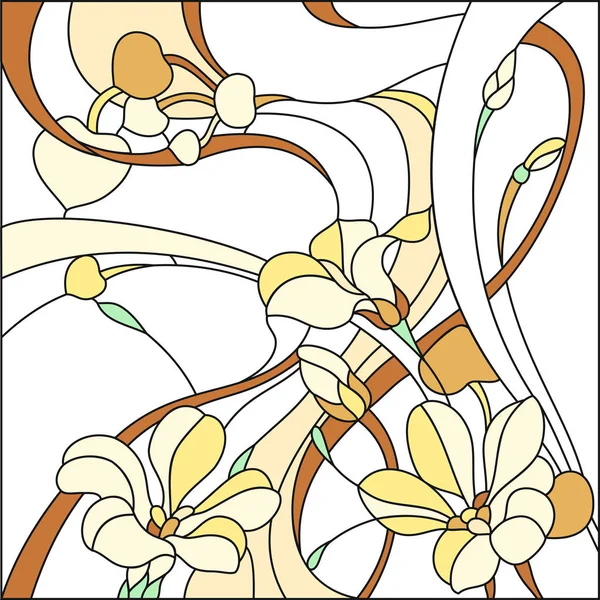 Färgade glasmålning i en fyrkantig ram, abstrakta blomsterarrangemang av knopparna och bladen i klassisk stil. Vektorillustration — Stock vektor