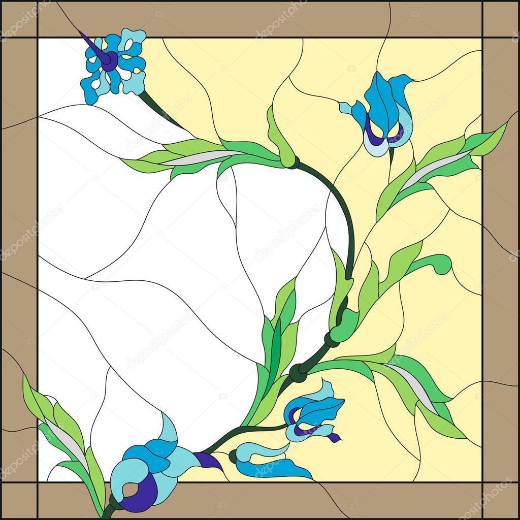 Stained glass style with abstract blue flowers on a on light beige background, square frame. Classical style. Vector Illustration
