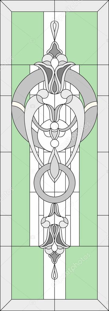 Stained glass with geometric patterns of stylized flowers. In a rectangular frame for a window or door. Classical style. Vector Illustration