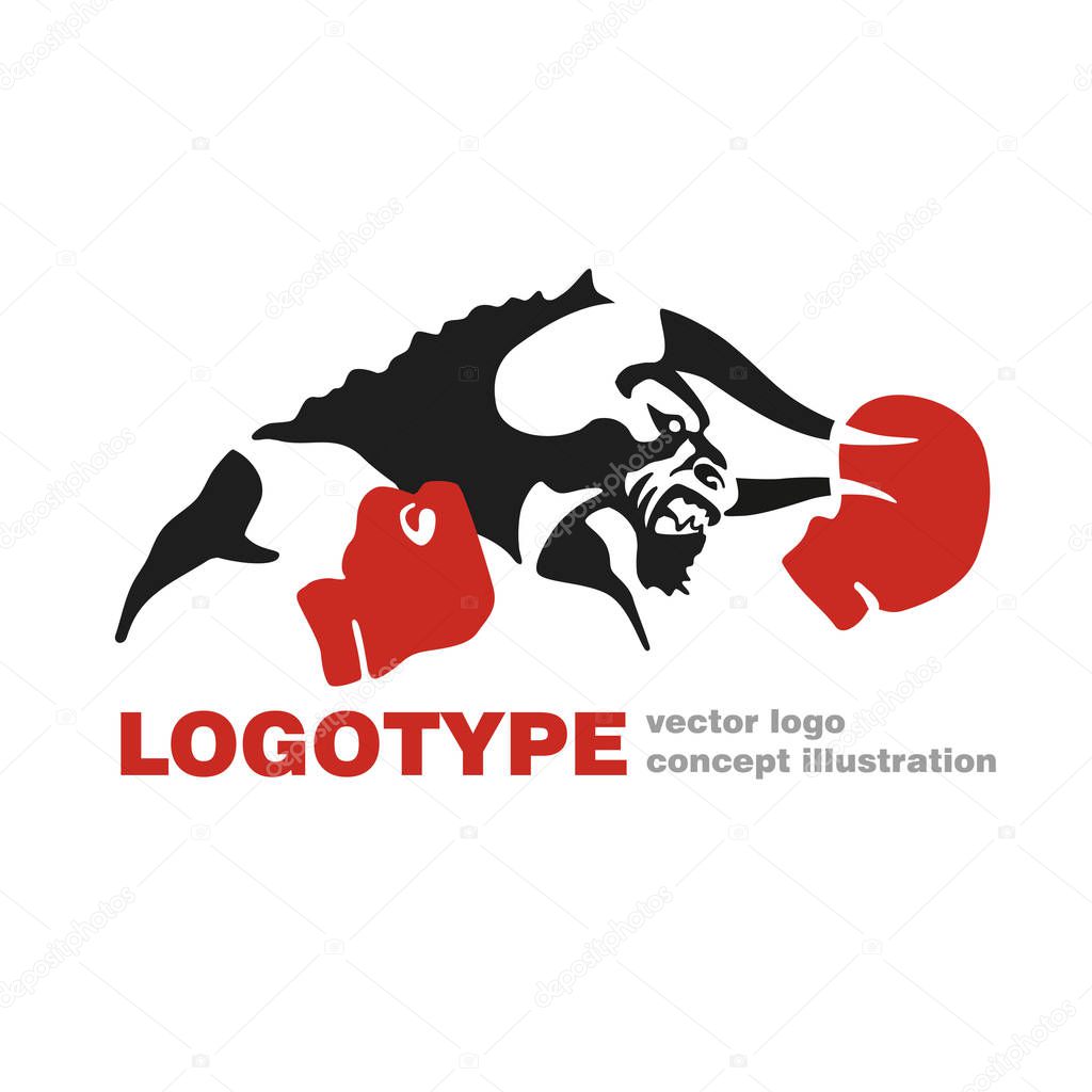 Bull Boxing gloves vector logo template creative illustration. Bull figure sign. fighter icon. Fitness sport symbol. Black and white insignia. Martial arts, fight club concept.Vector illustration.