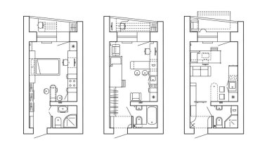 Bir evin mimari planı. Düzen çizim görünümünde mobilyalarla dairenin. Mutfak ve banyo, oturma odası ve yatak odası. Grafiksel tasarım elemanları. Siyah ve beyaz anahat düzeni. Vektör.