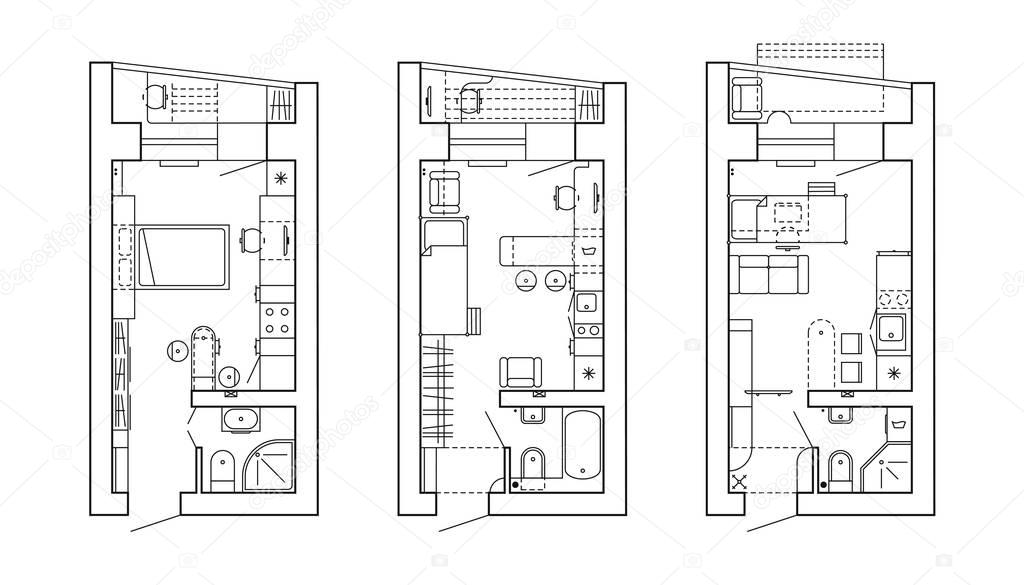 Architectural plan of a house. Layout of the apartment with the furniture in the drawing view. With kitchen and bathroom, living room and bedroom. Graphic design elements. Black and White outline layout. Vector.