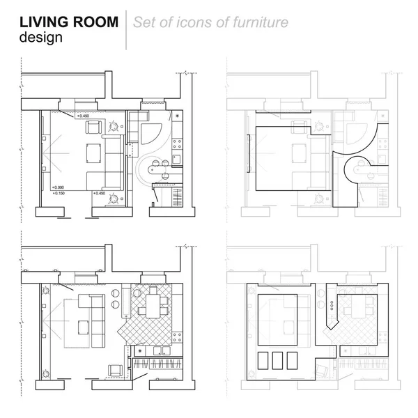 El plan arquitectónico. la disposición del apartamento con los muebles en la vista del dibujo. Arriba. Alojamiento con cocina, salón . — Archivo Imágenes Vectoriales