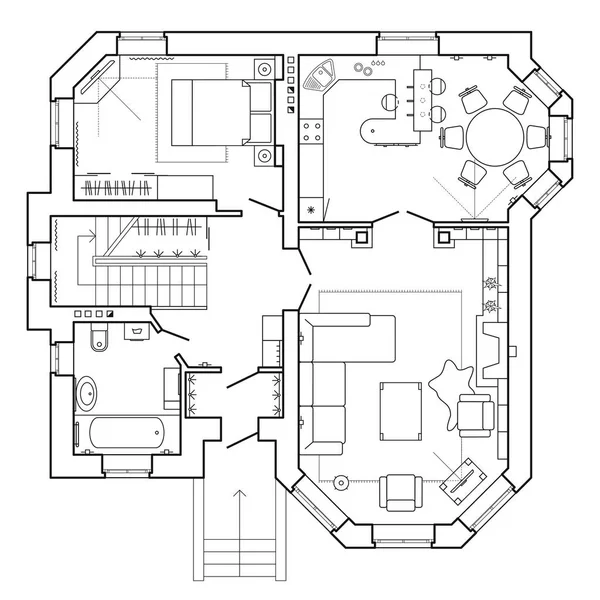 Plano arquitetônico preto e branco de uma casa. Layout do apartamento com a mobília na vista de desenho. Com cozinha e WC, sala e quarto. Vetor isolado . — Vetor de Stock