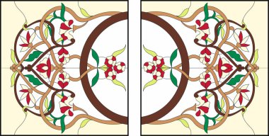 Soyut tavan vitray pencere swirls ve yaprakları, yatay yönlendirme. Kare süsleme Derma çiçek simetrik kompozisyon. Vektör çizimler.