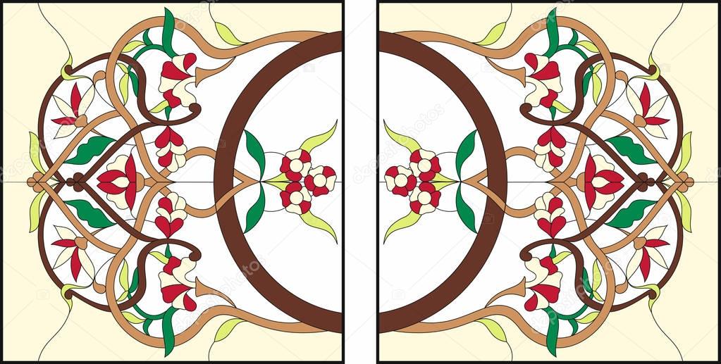 Stained glass window at the ceiling with abstract swirls and leaves, horizontal orientation. Square ornament colorfull floral symmetric composition. Vector illustrations.