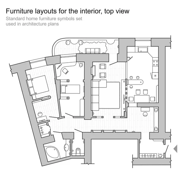 Standard home furniture symbols set used in architecture plans, home planning icon set, graphic design elements. Floor plan - top view plans. Vector isolated.