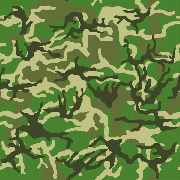 Kamouflagemönster bakgrund sömlös vektor illustration. Klassisk klädstil maskerande camo upprepa tryck. Grön brun svart oliv färger skog struktur. — Stock vektor