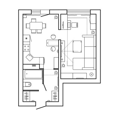 Mimari plan mobilya ile. Ev kat planı. Mutfak, salon ve banyo. İnce çizgi simgeler için plan ayarlayın. İç tasarım, üstten görünüm. Vektör 