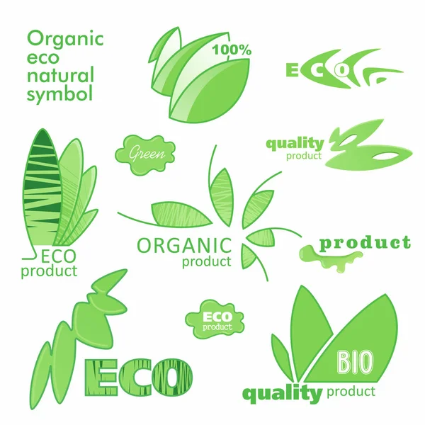 Logo Eco. Conjunto de signos de una dieta vegetariana. Green Ecology Leaf Plant Health. Etiquetas para alimentos y bebidas naturales, agricultura biodinámica. Colección 100% bio, eco, pegatinas saludables. Vector . — Archivo Imágenes Vectoriales