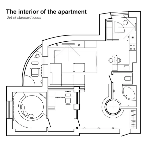 Architectural plan of a house in top view. Floor plan with furniture. Interior design icons for layouts. Vector. — Stock Vector