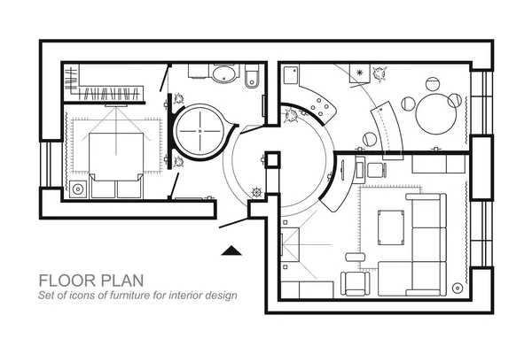 Архитектурный план с мебелью. План этажа. Китчен, пеленки и ванна. Тонкая линия иконки настраиваются на план. Дизайн интерьера, вид сверху . — стоковый вектор