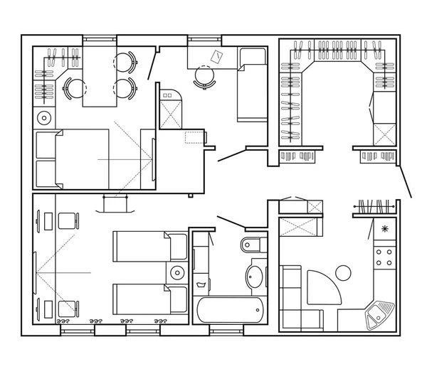 Rencana arsitektur hitam dan putih dari sebuah rumah. Tata letak apartemen dengan furnitur di tampilan gambar. Dengan dapur dan kamar mandi, ruang tamu dan kamar tidur. Elemen desain grafis. Vektor - Stok Vektor