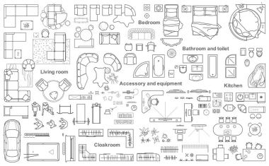 Set of furniture top view for apartments plan. The layout of the apartment design, technical drawing. Interior icon for bathrooms, living room, kitchen, bedroom, hallway. Vector illustration. clipart