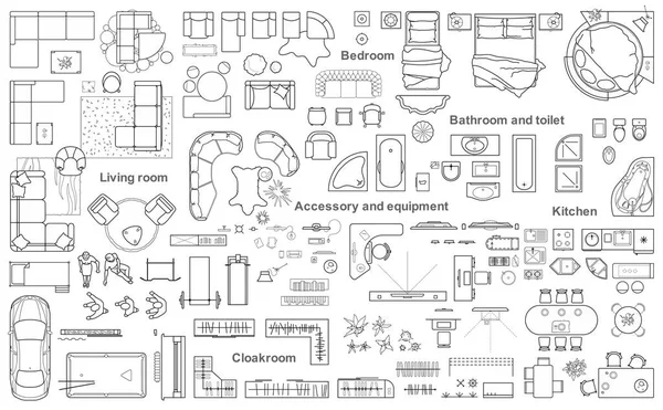 アパート計画の家具トップ ビューをセットします。マンションのデザイン技術のレイアウト図面。バスルーム、リビング ルーム、キッチン、寝室、廊下のインテリアのアイコン。ベクトル図. — ストックベクタ