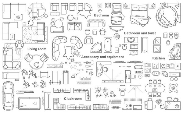Set of furniture top view for apartments plan. The layout of the apartment design, technical drawing. Interior icon for bathrooms, living room, kitchen, bedroom, hallway. Vector illustration.