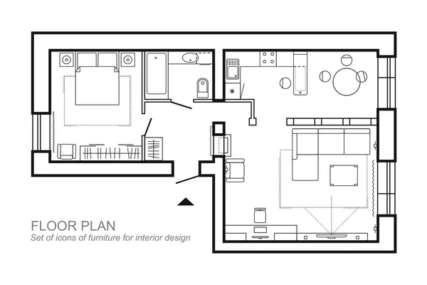 Architekturplan eines Hauses. Grundriss der Wohnung von oben mit den Möbeln in der Zeichnungsansicht. mit Bad, Wohnzimmer und Schlafzimmer. Innenarchitektur-Projekt. Vektor. — Stockvektor