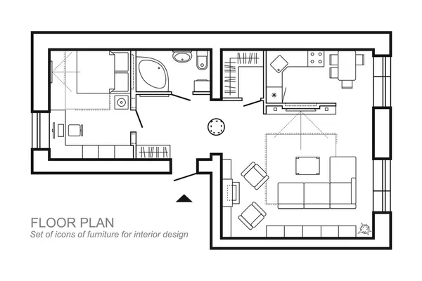 Esboço Vetor de plano de mobiliário simples, símbolo do plano de piso como elementos de design de arquitetura. Um conjunto de coleção de ícones isolado no fundo branco . — Vetor de Stock