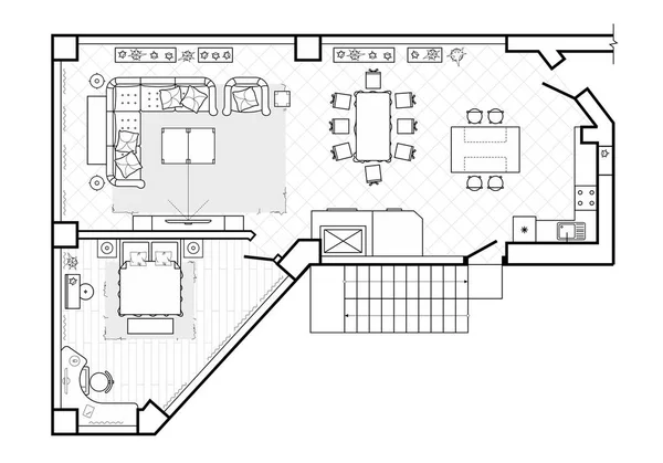 Plano, vista superior. La terraza de diseño interior. La casa es una terraza cubierta. Diseño del apartamento con los muebles. Vector — Archivo Imágenes Vectoriales