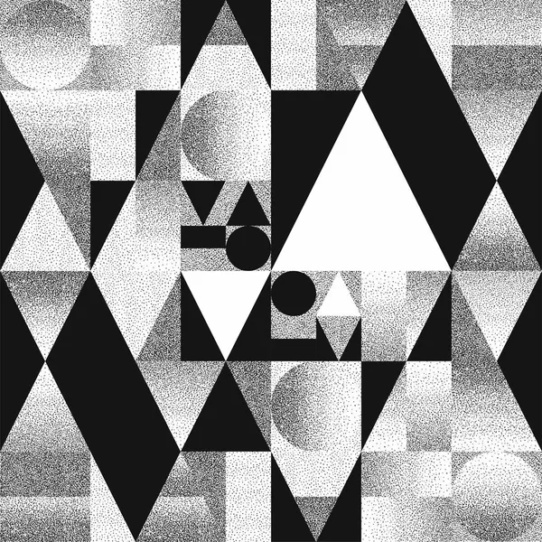 Soyut kompozisyon kaotik dağılım noktalar degradelerle geometrik şekiller. Siyah-beyaz desen, arka plan, kapak, düzen, dergi, broşür, poster. Vektör