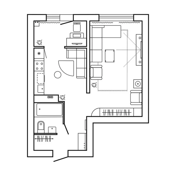 Plan architektury z meblami. Plan piętra domu. Kuchnia, salon oraz łazienka. Cienka linia zestaw ikon. Projektowanie wnętrz, widok z góry. Wektor — Wektor stockowy