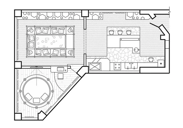 Plano, vista superior. La terraza de diseño interior. La casa es una terraza cubierta. Diseño del apartamento con los muebles. Arquitectura vectorial . — Archivo Imágenes Vectoriales