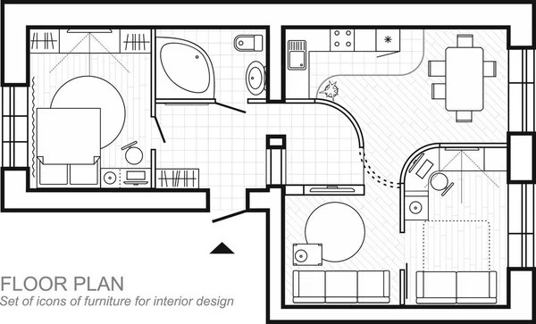 Architectural plan of a house. Layout of the apartment top view with the furniture in the drawing view. With bathroom living room and bedroom. The interior design project. Vector architectural icons. — Stock Vector