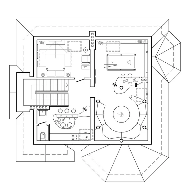 A tetőtérben emeleten nyralóban. Építészeti terv egy ház. Elrendezés a lakás, a bútorok, a rajz nézetében. Szemközti nézet, biliárd, nappali és konyha. Vector ikonok. — Stock Vector
