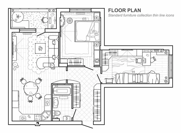 Planta con muebles en vista superior. Conjunto arquitectónico de iconos de línea delgada de muebles. Diseño detallado del apartamento moderno. Proyecto vectorial . — Archivo Imágenes Vectoriales