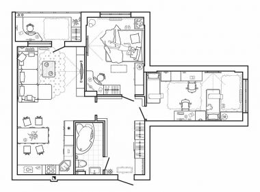 Üstten Görünüm mobilya ile kat planı. Mimari mobilya ince çizgi simgeler kümesi. Modern daire detaylı düzeni. Vektör blueprint.