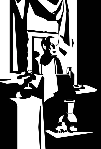 Classic still life in black and white colors, plaster sculpture, vase with flowers, decorative draping. Student work in painting, graphics and drawing. School of fine arts. Vector. — Stock Illustration Classic still life in black and white colors, plaster sculpture, vase with flowers, decorative draping. Student work in painting, graphics and drawing. School of fine arts. Vector. Stock Illustration