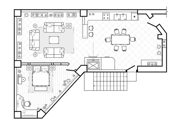 Plano, vista superior. La terraza de diseño interior. La casa es una terraza cubierta. Diseño del apartamento con los muebles. Arquitectura vectorial . — Vector de stock