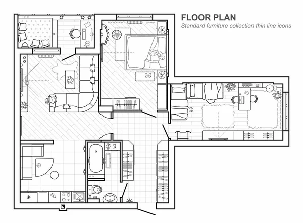 Plan d'étage avec meubles en vue sur le dessus. Ensemble architectural d'icônes de ligne mince de meubles. Aménagement détaillé de l'appartement moderne. Plan vectoriel . — Image vectorielle